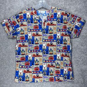 White Swan Fundamentally Cotton Halloween Scrub Top Blue V-Neck Ghosts Pumpkins
